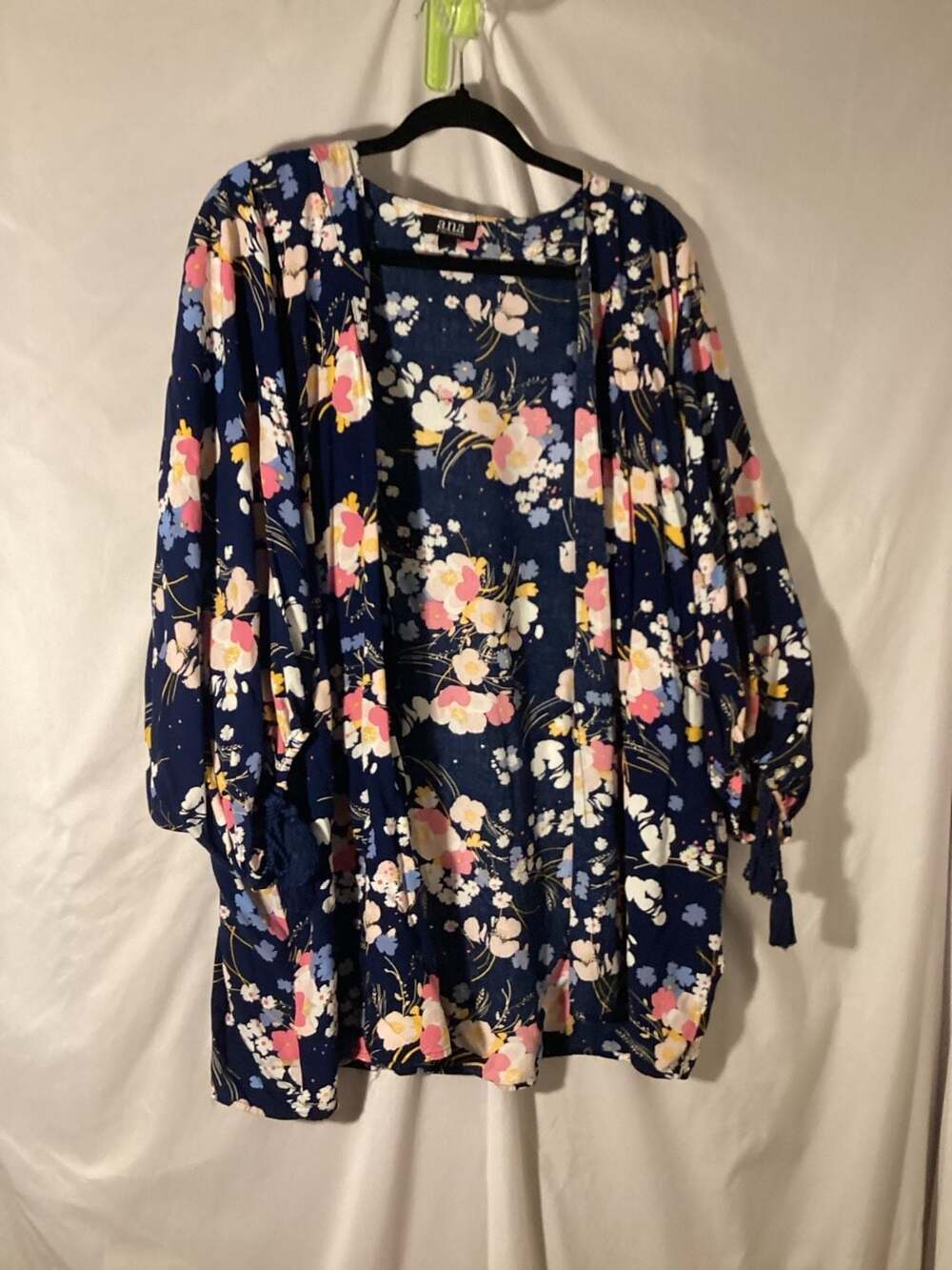 ana A New Approach Women's Navy Floral Print Kimono Cardigan with Tassel Detail